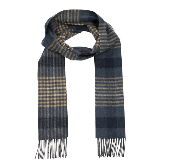 john hanly irish wool scarf long denim navy beige block check