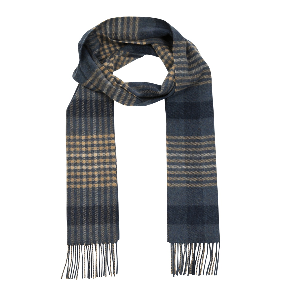 john hanly irish wool scarf long denim navy beige block check