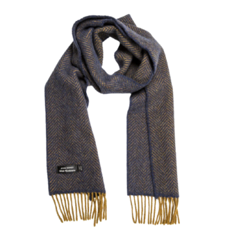 john hanly irish cashmere merino scarf navy and mustard herringbone