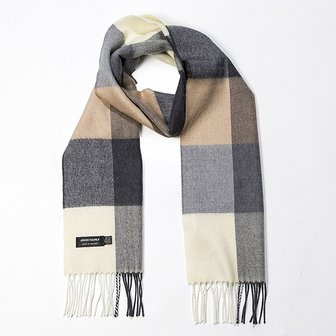 john hanly merino luxury wool scarf cream brown and black block check