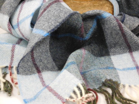 john hanly irish wool scarf short light blue charcoal check