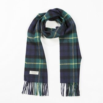 john hanly irish wool scarf medium navy green and yellow tartan 