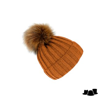 fiebig knitted beanie wolmix met omslag en pompom cinnamon