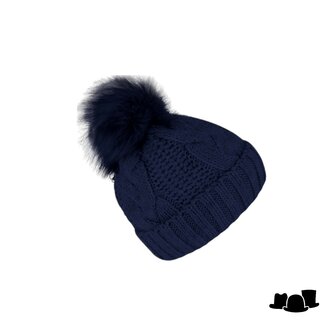 fiebig knitted beanie cable wolmix met omslag en pompom navy