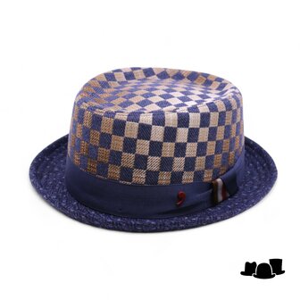 alfonso deste pork pie wolmix chequer donkerblauw en beige