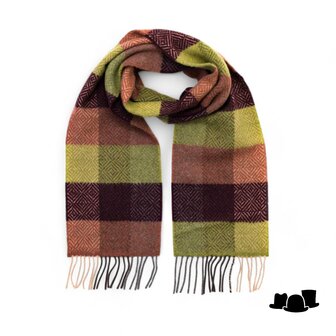 john hanly irish cashmere and merino scarf green wine clay diamond check