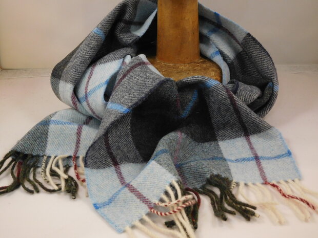 john hanly irish wool scarf short light blue charcoal check