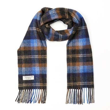 john hanly irish wool scarf short blue and orange mix check