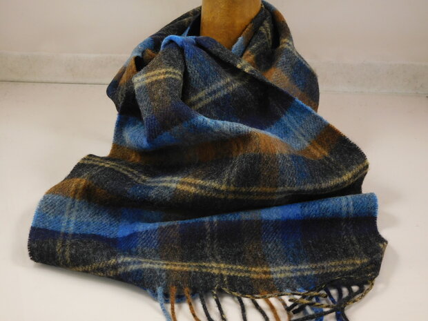 john hanly irish wool scarf short blue and orange mix check