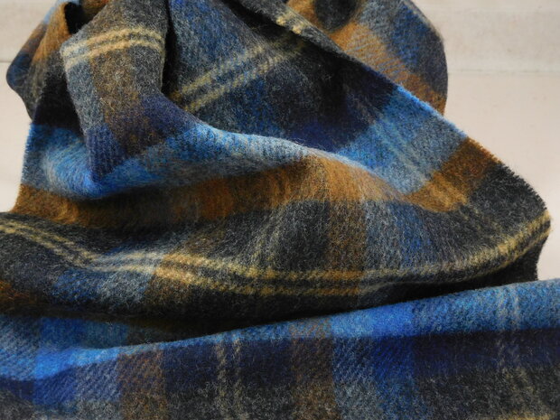 john hanly irish wool scarf short blue and orange mix check