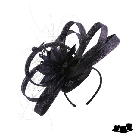 maddox fascinator disc sinamay grote krullen en veren bloem black