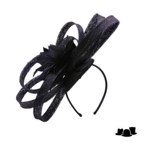 maddox fascinator disc sinamay grote krullen en veren bloem black