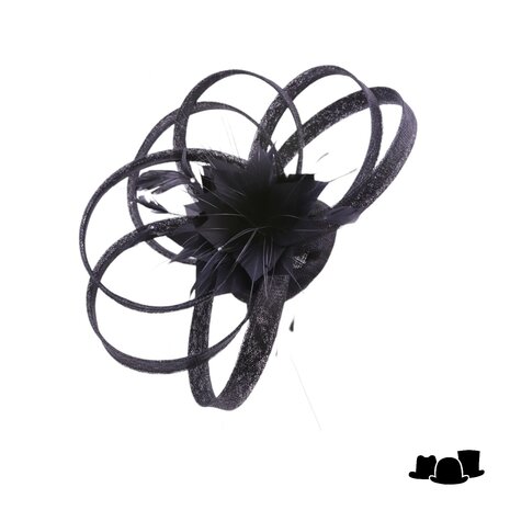 maddox fascinator disc sinamay grote krullen en veren bloem black