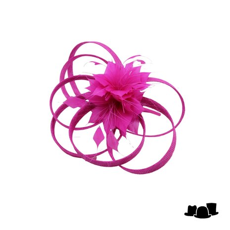 maddox fascinator disc sinamay grote krullen en veren bloem magenta