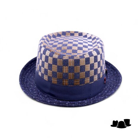 alfonso deste pork pie wolmix chequer donkerblauw en beige