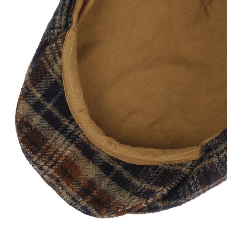 stetson newsboy cap hatteras shetland wool check navy beige burned orange