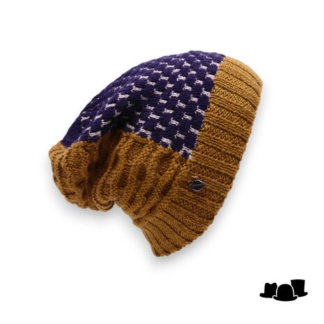 seeberger beanie dubbel patroon wolmix oker blauw