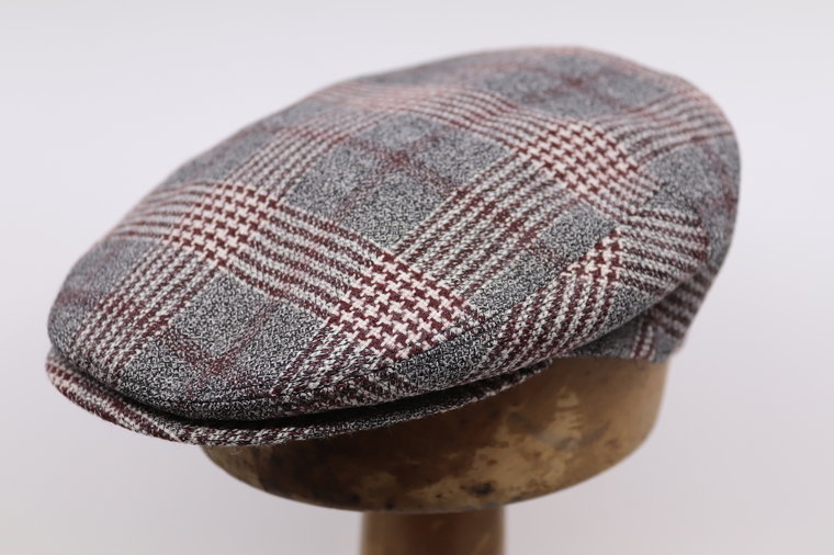 Portaluri Flat Cap Wool Glen Plaid Burgundy GREY