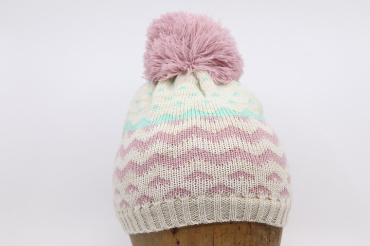 Fiebig knitted kindermuts met pompom Beige Roze en Mint