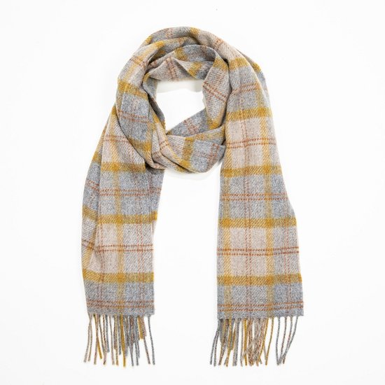 john hanly irish wool scarf short grey mustard orange check