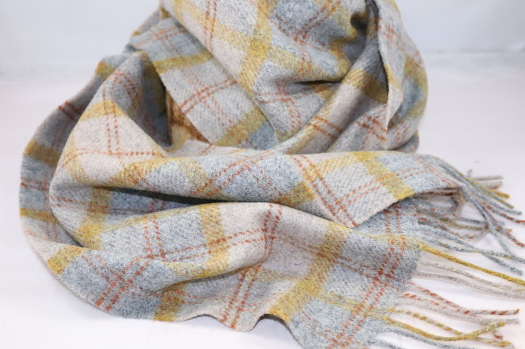 john hanly irish wool scarf short grey mustard orange check