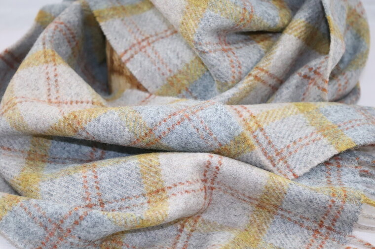 john hanly irish wool scarf short grey mustard orange check