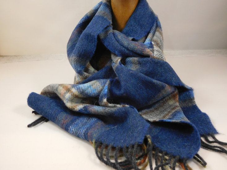 john hanly irish wool scarf long navy orange and denim check