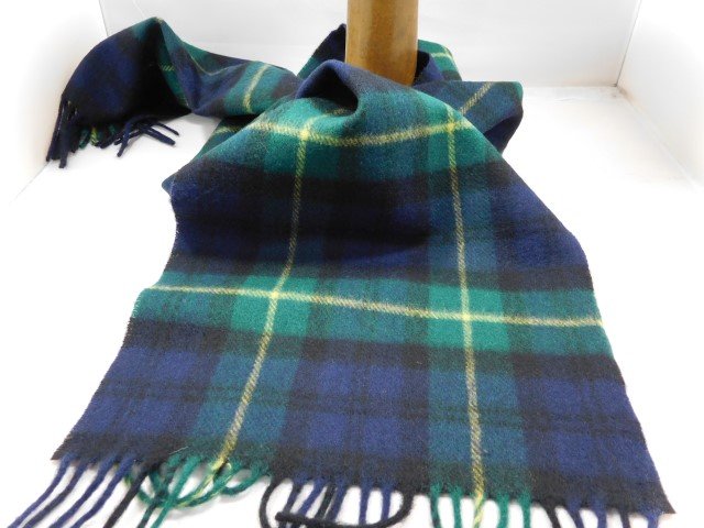 john hanly irish wool scarf medium navy green and yellow tartan 