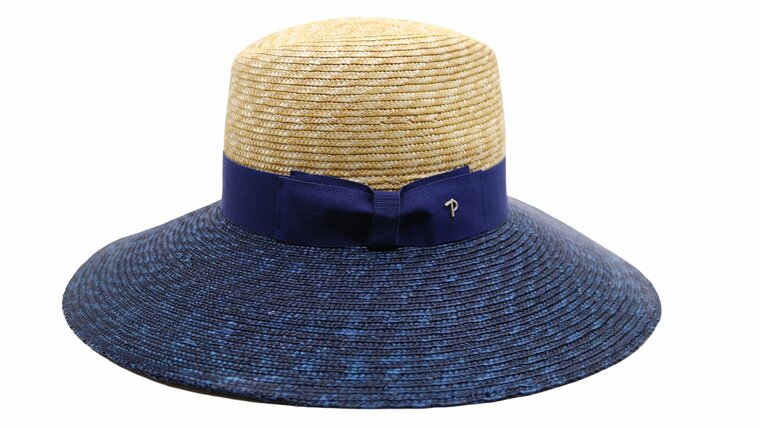 panizza fedora brede rand stro naturel en donkerblauw