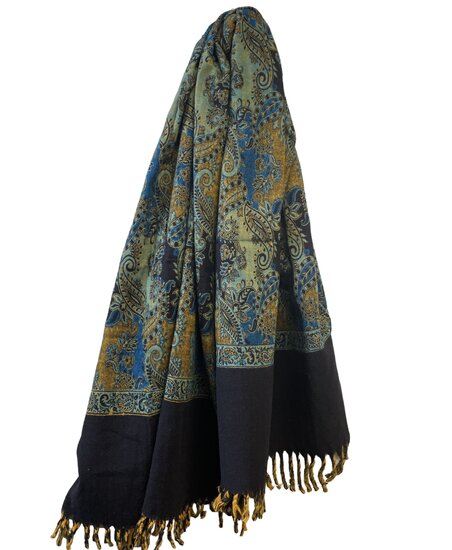 onkar tibetan blanket scarf yak wolmix zwart camel en blauw