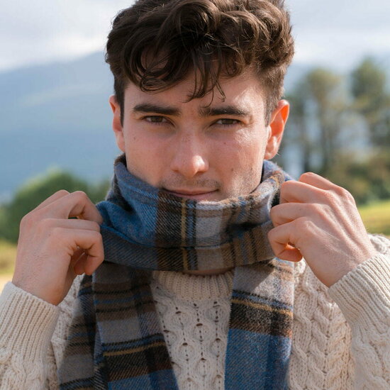 john hanly irish wool scarf long blue charcoal sage plaid