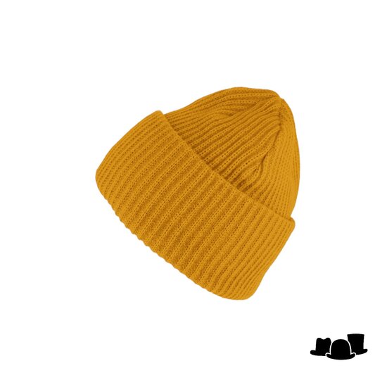 fiebig knitted oversize beanie met omslag curry