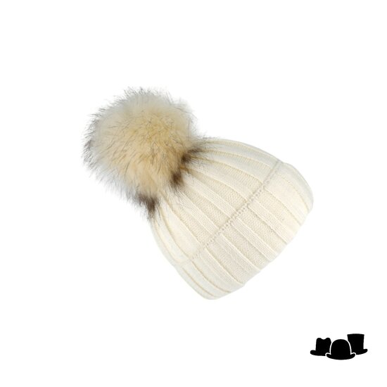 fiebig knitted beanie wolmix met omslag en pompom ivory