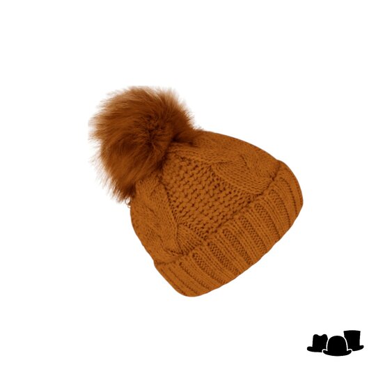 fiebig knitted beanie cable wolmix met omslag en pompom cinnamon