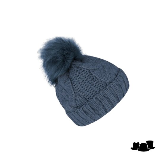 fiebig knitted beanie cable wolmix met omslag en pompom jeansblauw