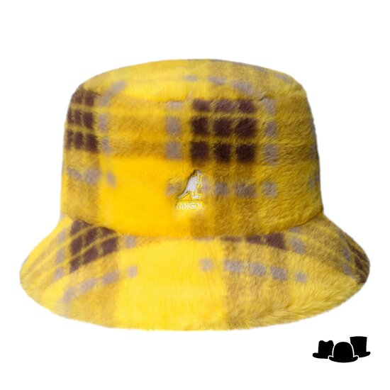 kangol bucket hat faux fur yellow plaid