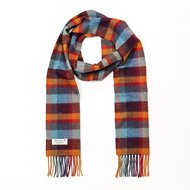 john hanly irish wool scarf long orange teal and denim blue small block check