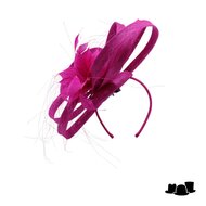 maddox fascinator disc sinamay grote krullen en veren bloem magenta