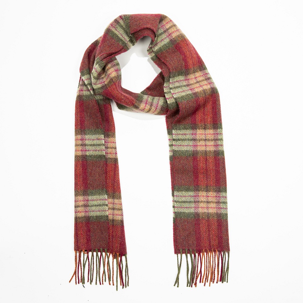 john hanly irish wool scarf long burgundy green pink check