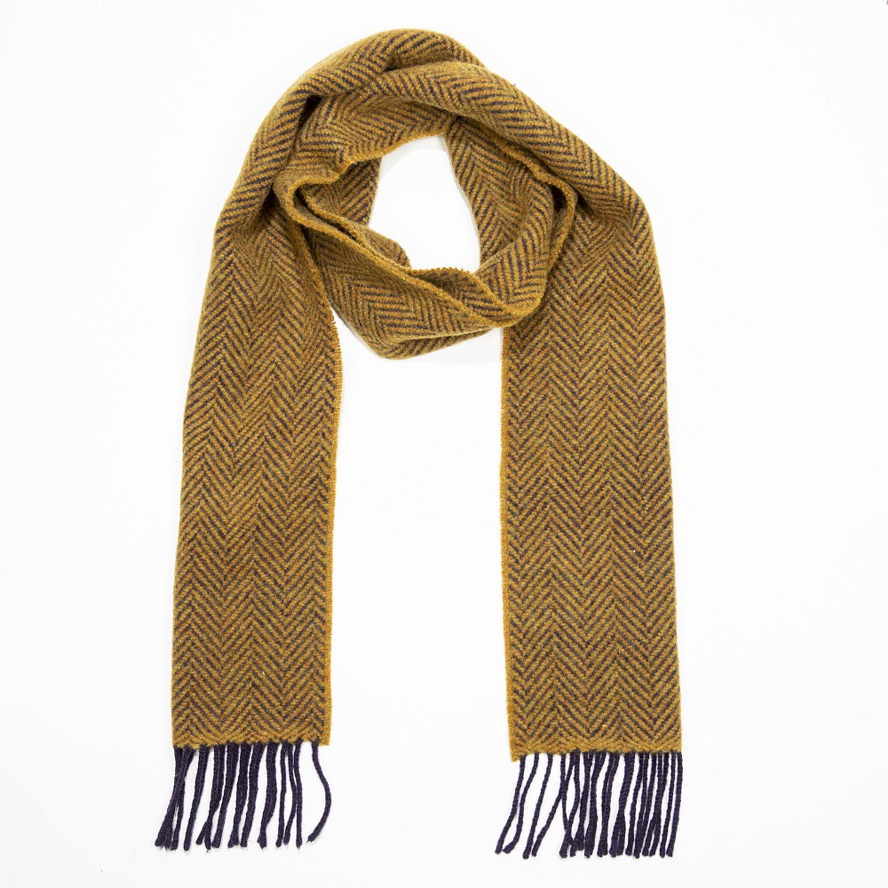 john hanly irish cashmere merino scarf navy mustard herringbone