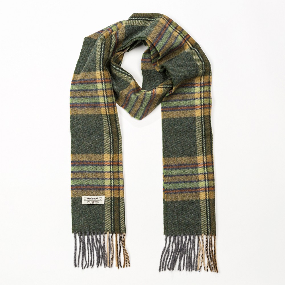 john hanly irish wool scarf long dark green mint mustard check