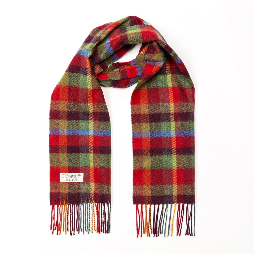 john hanly irish wool scarf short red green yellow check