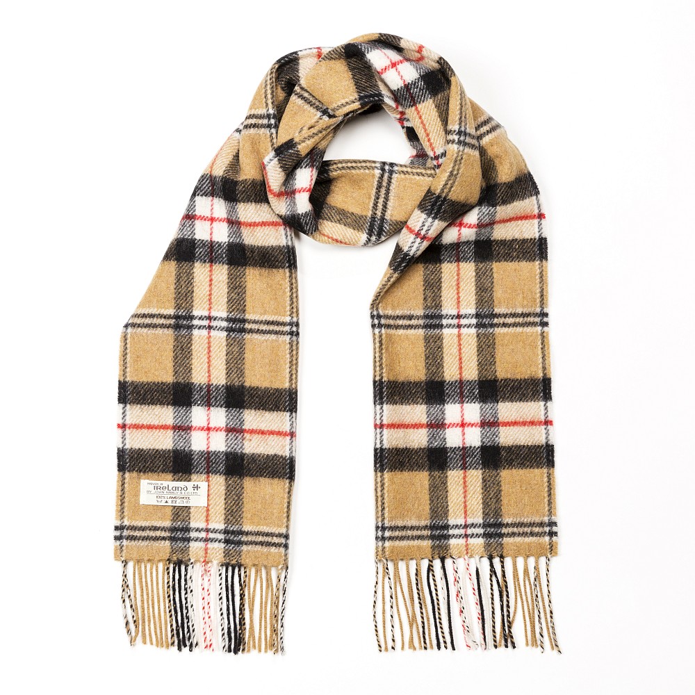 john hanly irish wool scarf short camel of merrick tartan