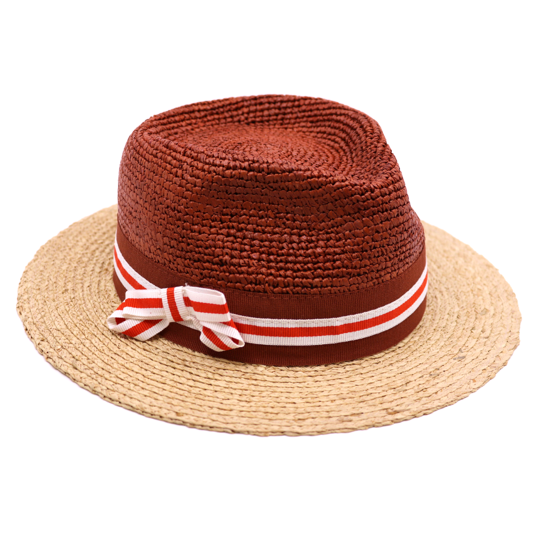 bedacht fedora taccia crochet raffia naturel en orange burnt