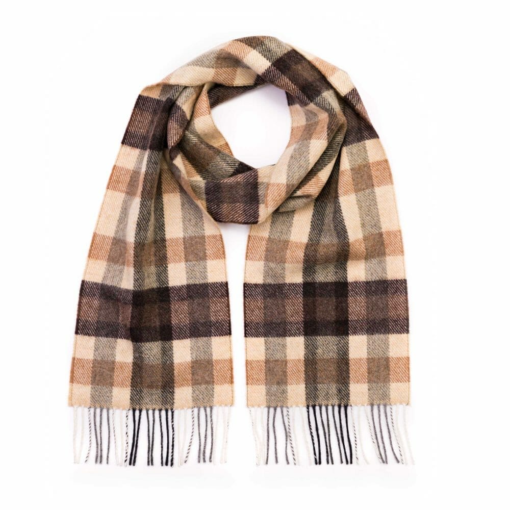 john hanly irish wool scarf long cream brown chocolate check