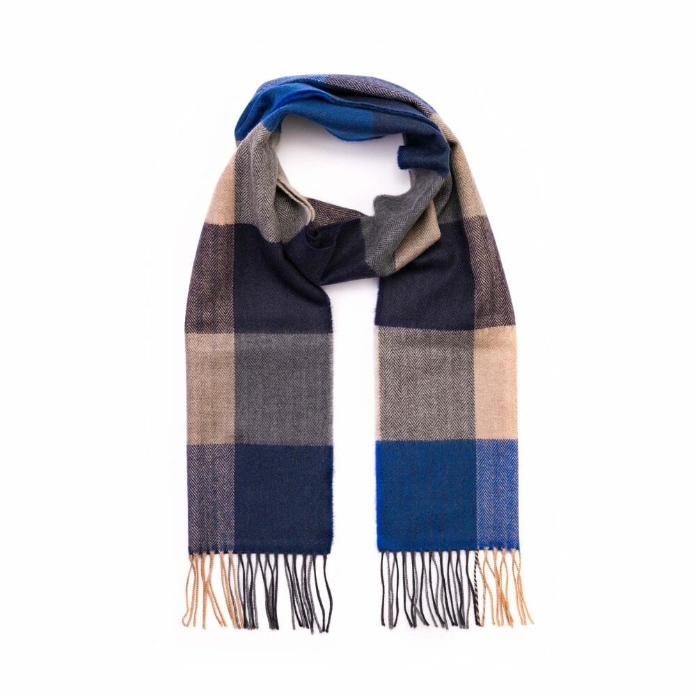 john hanly merino luxury wool scarf blue navy sand block check