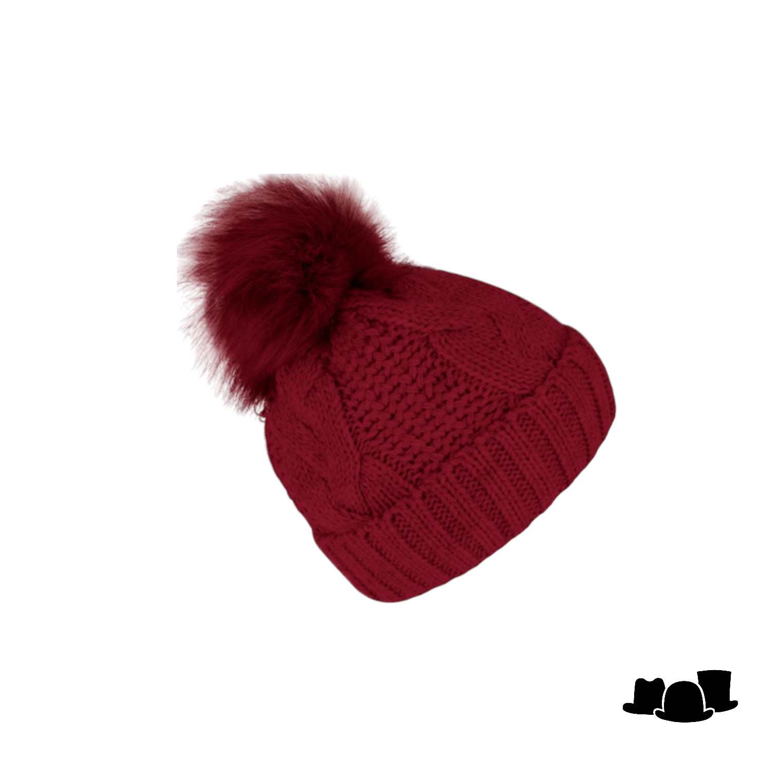 fiebig knitted beanie cable wolmix met omslag en pompom bordeaux