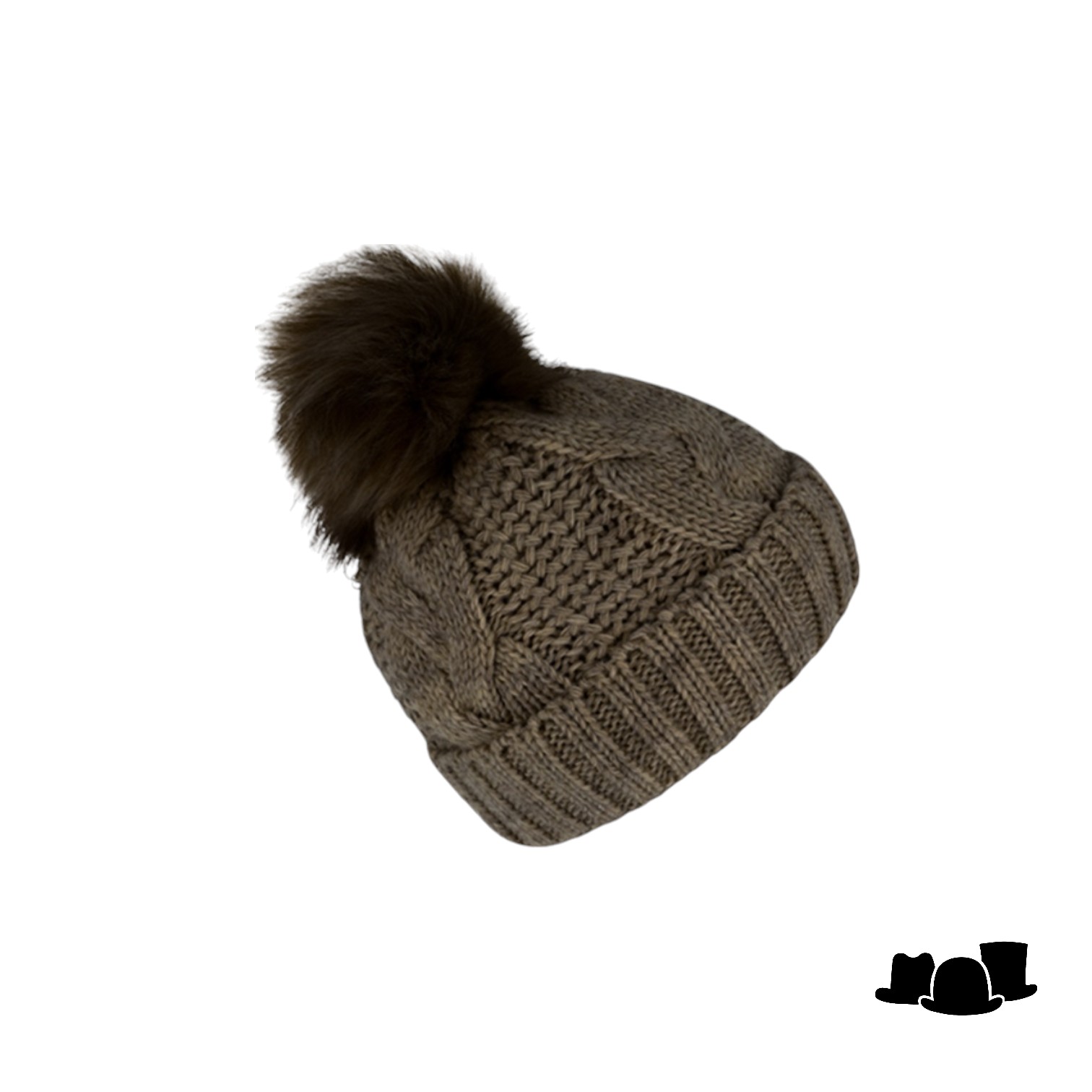 fiebig knitted beanie cable wolmix met omslag en pompom brown