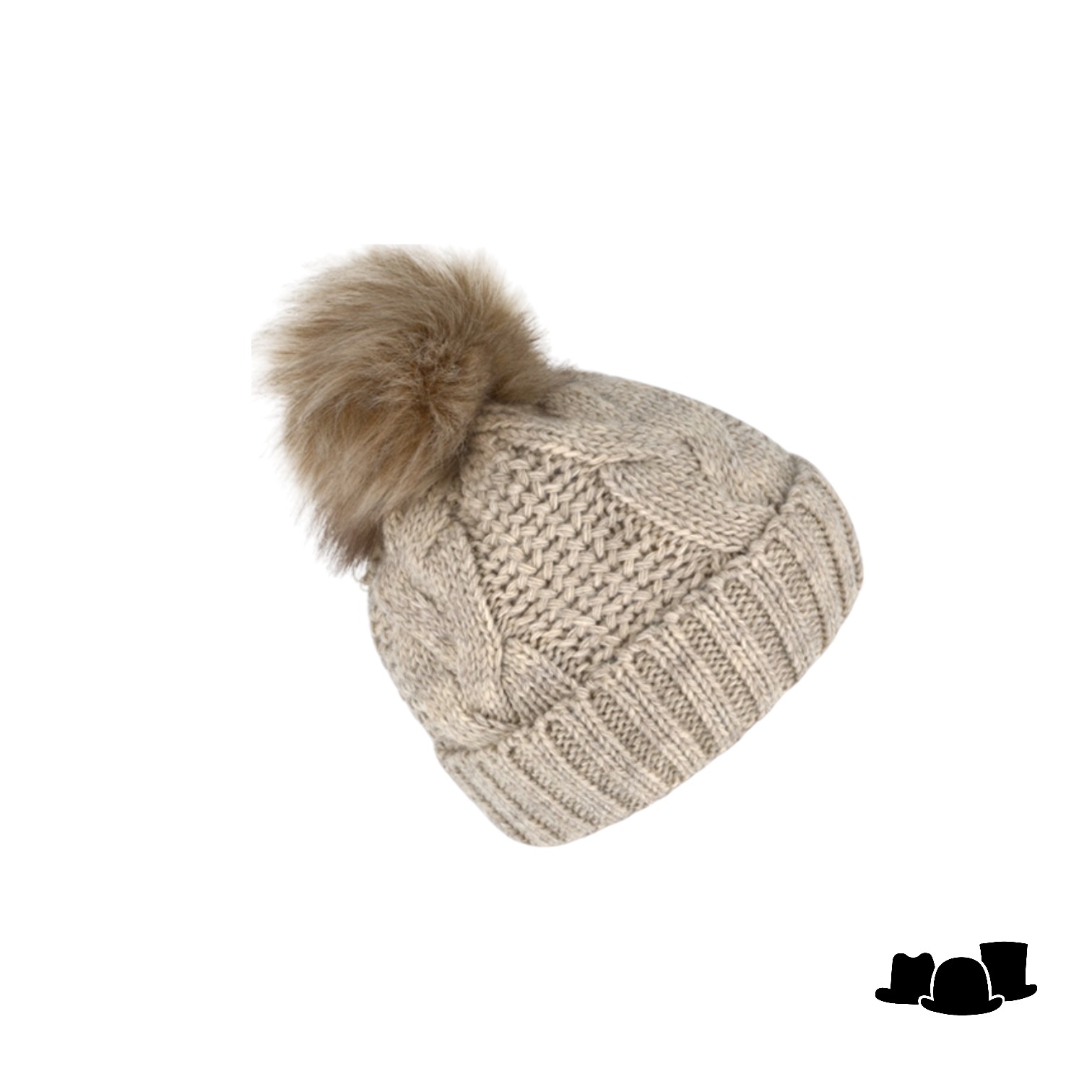 fiebig knitted beanie cable wolmix met omslag en pompom beige