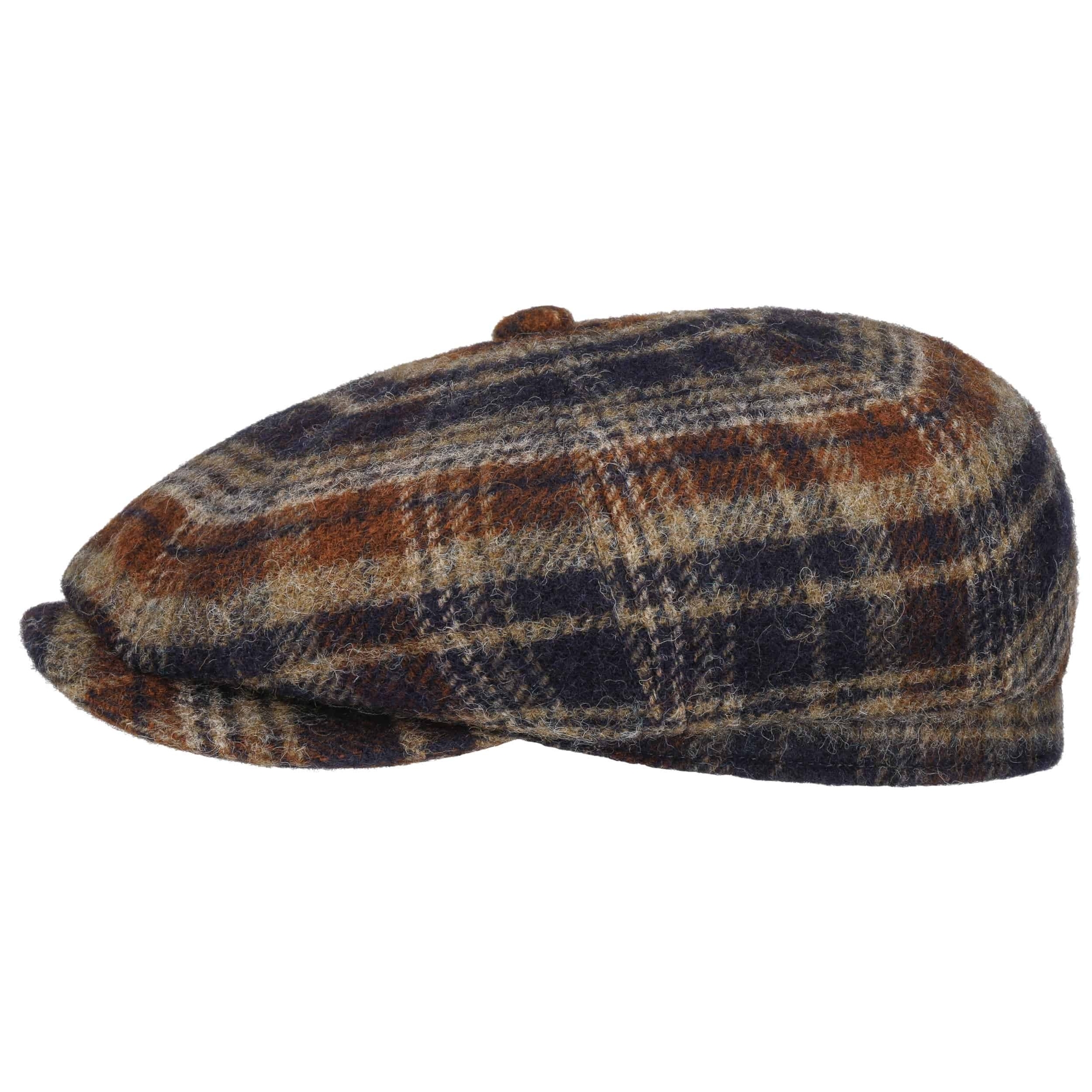 stetson newsboy cap hatteras shetland wool check navy beige burned orange